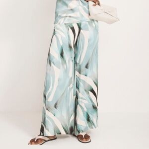 Mint Velvet Blue Palm Print Satin Trousers in XS